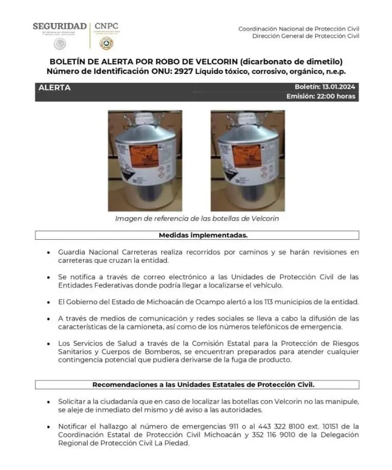 Protección Civil emite alerta nacional por robo de botellas con Velcorin