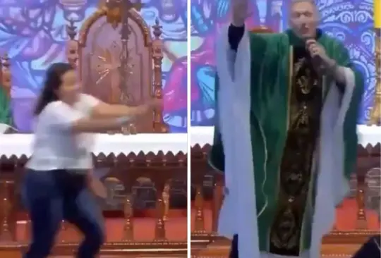 Mujer empuja a padre en plena misa. 