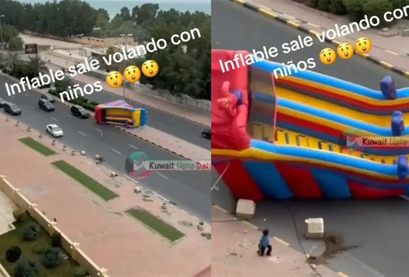 Inflable sale volando hacia carretera con niños a bordo que jugaban en el. Inflable sale volando hacia carretera con niños a bordo que jugaban en el.