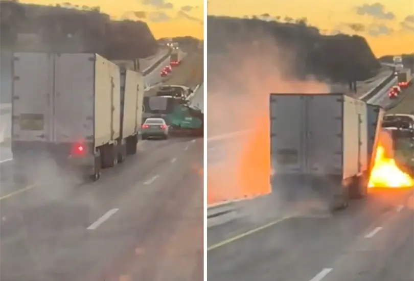 El tr&aacute;iler se incendi&oacute; al estrellarse contra el muro de contenci&oacute;n. 