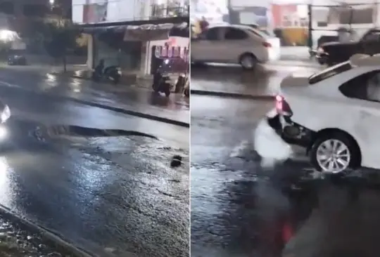 El auto quedó sin la parte trasera por el bache