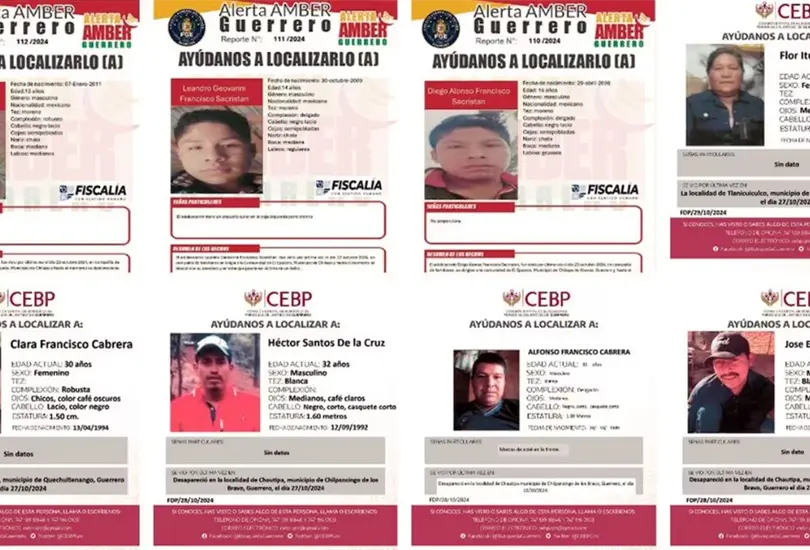 Fichas de b&uacute;squeda de diez miembros de la familia Francisco, desaparecidos este mes en Chilapa de &Aacute;lvarez, Estado de Guerrero.