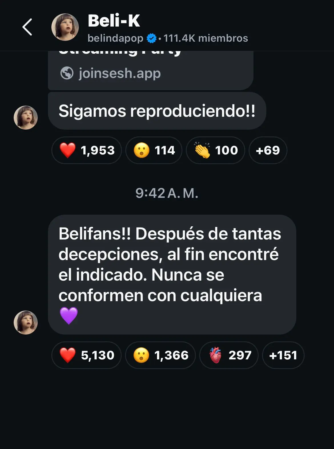 Belinda envía mensaje Instagram