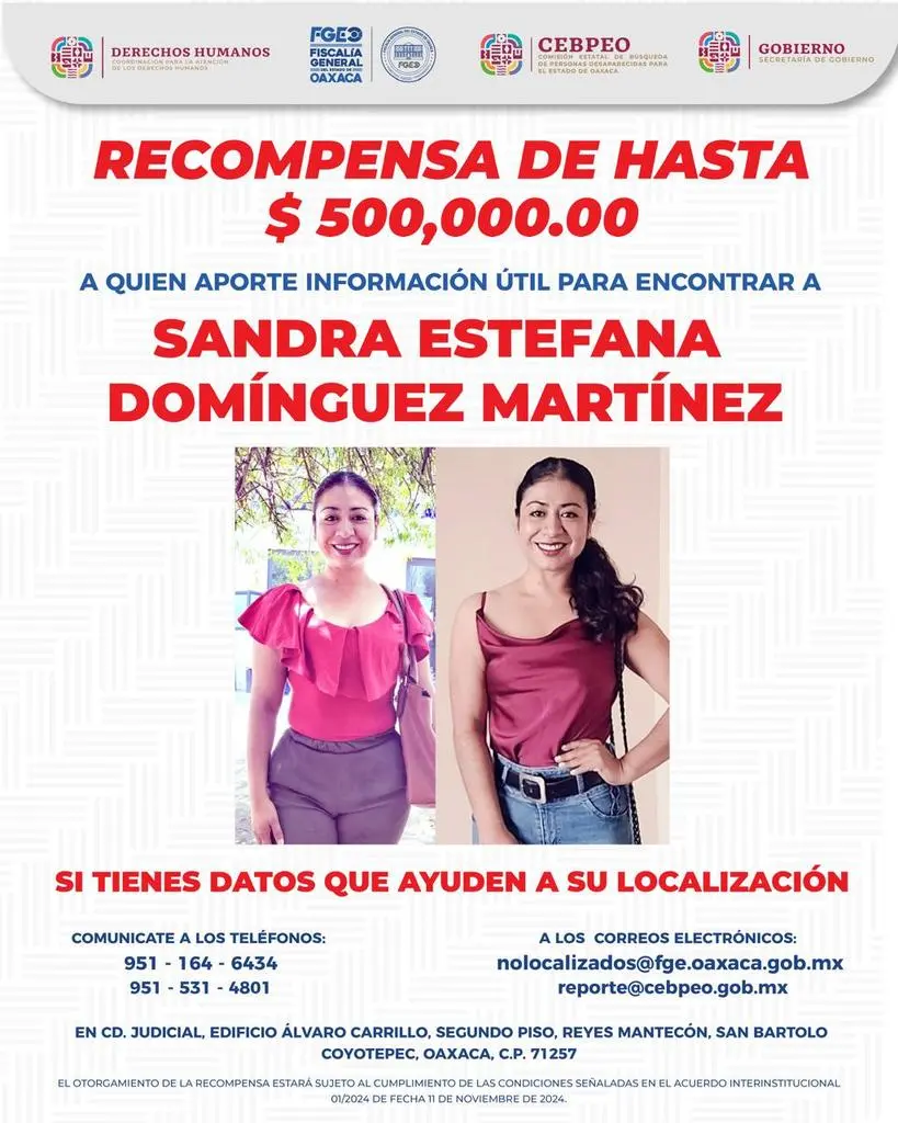 Recompensa por la localización de Sandra Estefana CEBPEO