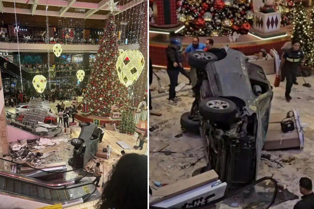  El momento exacto en el que auto cae en centro comercial 
 