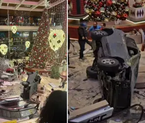 El momento exacto en el que auto cae desde cuarto piso de centro comercial 