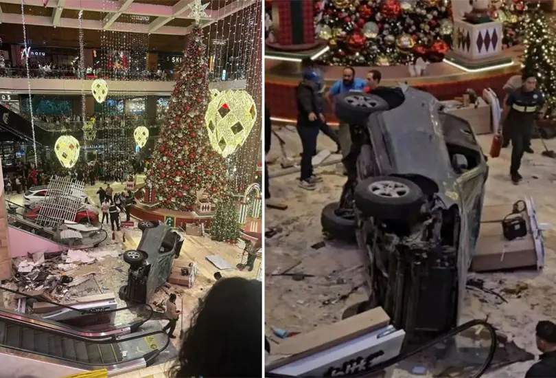 El momento exacto en el que auto cae en centro comercial 