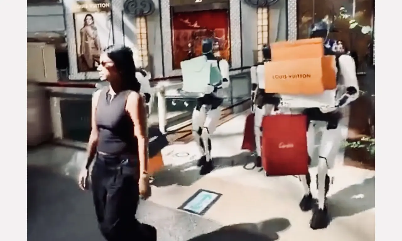  Robots Tesla acompañan a joven en un centro comercial | VIDEO 