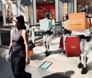 Robots Tesla acompañan a joven en un centro comercial para cargar las bolsas | VIDEO