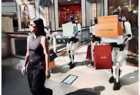 Robots Tesla acompañan a joven en un centro comercial | VIDEO