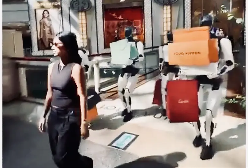 Robots Tesla acompa&ntilde;an a joven en un centro comercial | VIDEO