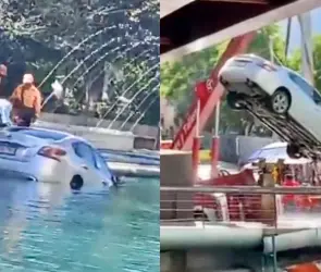 Abuelito pierde el control y cae con su auto al canal del Paseo Santa Lucía