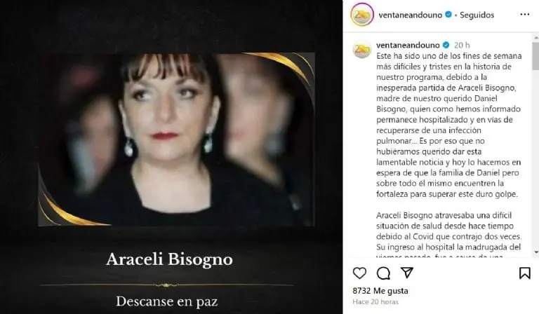 Ventaneando confirma muerte de Araceli Bisogno (Instagram)