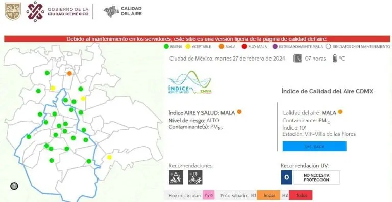 La calidad del aire en la CDMX a las 7:00 horas. Foto: captura de pantalla.
