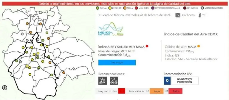 Seis estaciones registraron Mala Calidad del Aire en el reporte de Calidad del Aire de las 5:00 horas del miércoles 28 de febrero.Foto: www.aire.cdmx.gob.mx