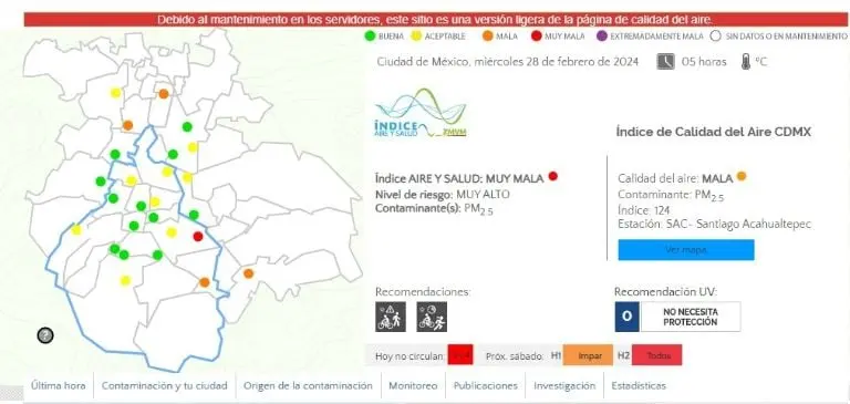 El Índice de Aire y Salud se encuentra en Muy Mala y fue registrado en la estación de Santiago Aahualtepec, en Iztapalapa. Foto: www.aire.cdmx.gob.mx