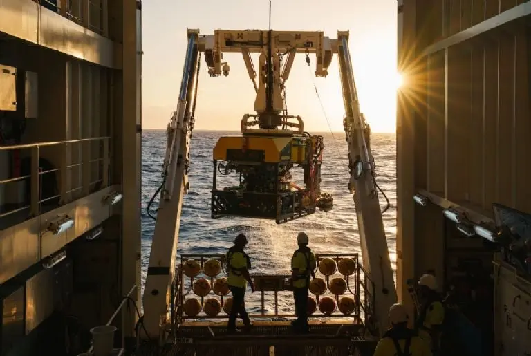 El ROV SuBastian se recupera en el buque de investigación Falkor al atardecer.Foto: Alex Ingle / Schmidt Ocean Institute