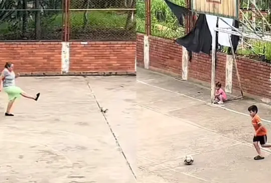 Abuelita marca un gol al corazón al jugar fútbol con su nieto y se vuelve viral |VIDEO