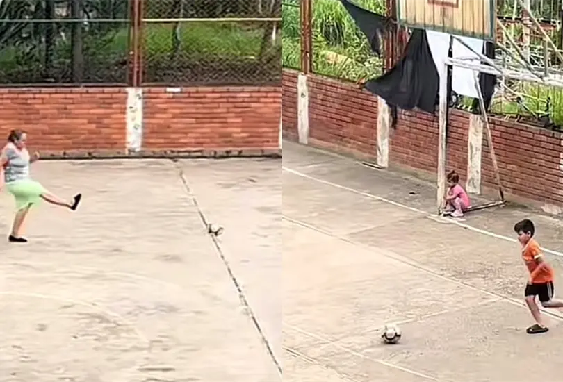 Abuelita marca un gol al coraz&oacute;n al jugar f&uacute;tbol con su nieto y se vuelve viral |VIDEO