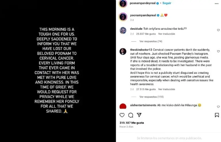 Así se anunció en Instagram la muerte de Poonam Pandey. (IG, Poonam Pandey)