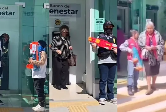 VIDEO| Niños con pistolas de juguete escoltan a su abuelita a cobrar su pensión del Bienestar