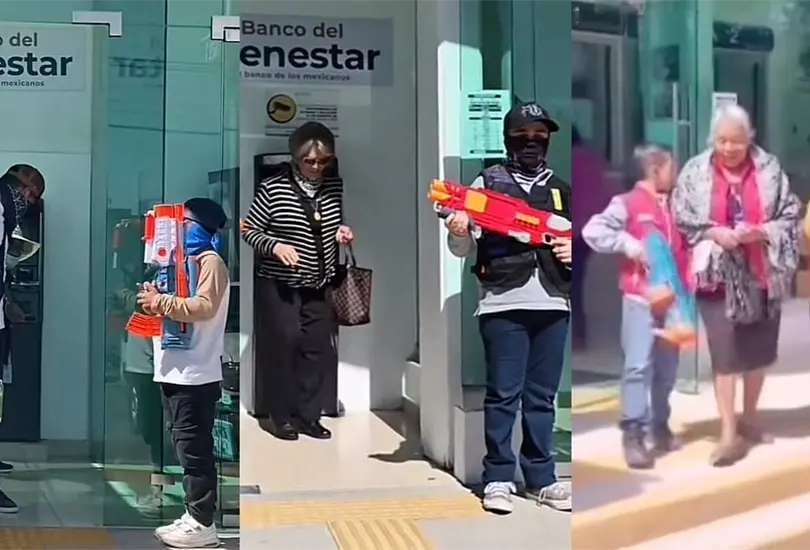 VIDEO| Ni&ntilde;os con pistolas de juguete escoltan a su abuelita a cobrar su pensi&oacute;n del Bienestar