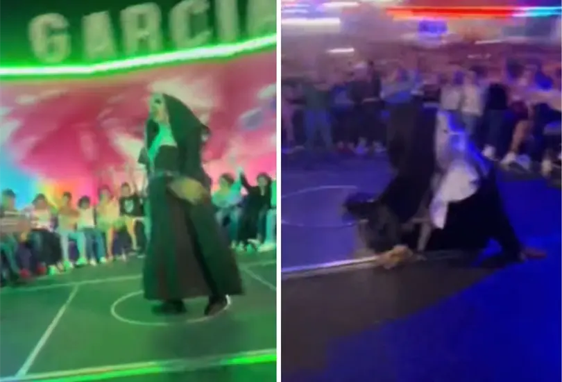 La famosa Monja de la Feria sufrió una caída mientras realizaba su popular baile en un juego mecánico en movimiento. La famosa Monja de la Feria sufrió una caída mientras realizaba su popular baile en un juego mecánico en movimiento.