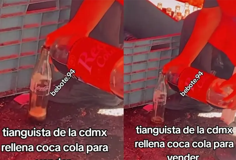 Captan a tianguista rellenando botellas de Coca Cola con otro refresco para venderlas Captan a tianguista rellenando botellas de Coca Cola con otro refresco para venderlas