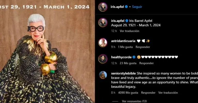La diseñadora de interiores Iris Apfel murió a los 102 años. Foto: Instagram (Iris Apfel).