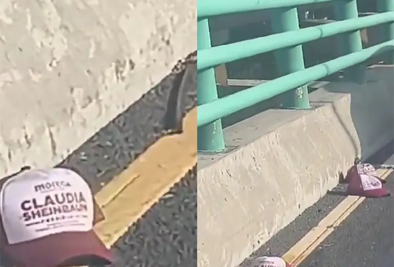 Cientos de gorras a favor de Sheinbaum aparecieron tiradas en el Segundo Piso del Perif&eacute;rico 