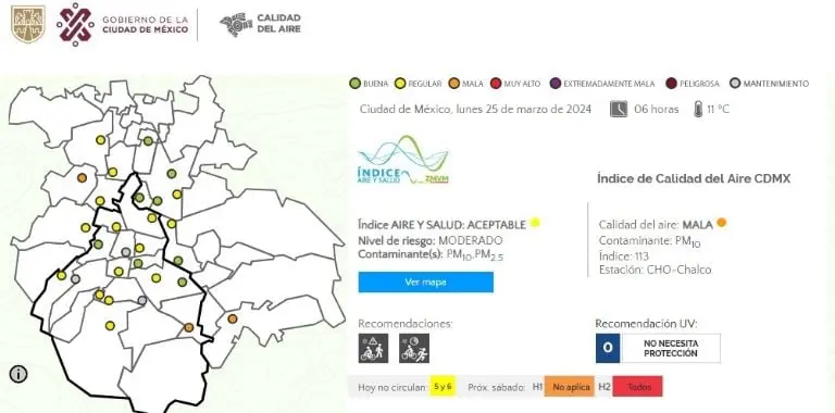 Tres estaciones registraron mala calidad del aire en el reporte de las 6:00 de este lunes 25 de marzo.Foto: Sistema de Monitoreo de la Calidad del Aire de la Ciudad de México.