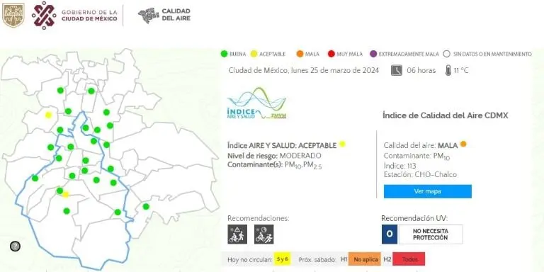 El Índice de Aire y Salud es Aceptable.Foto: Sistema de Monitoreo de la Calidad del Aire de la Ciudad de México.