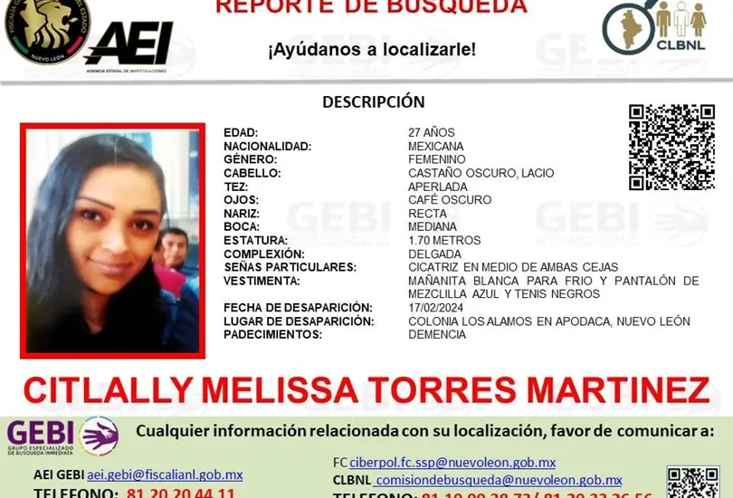 Citlally desapareció el pasado 17 de febrero en Apodaca. Citlally desapareció el pasado 17 de febrero en Apodaca.