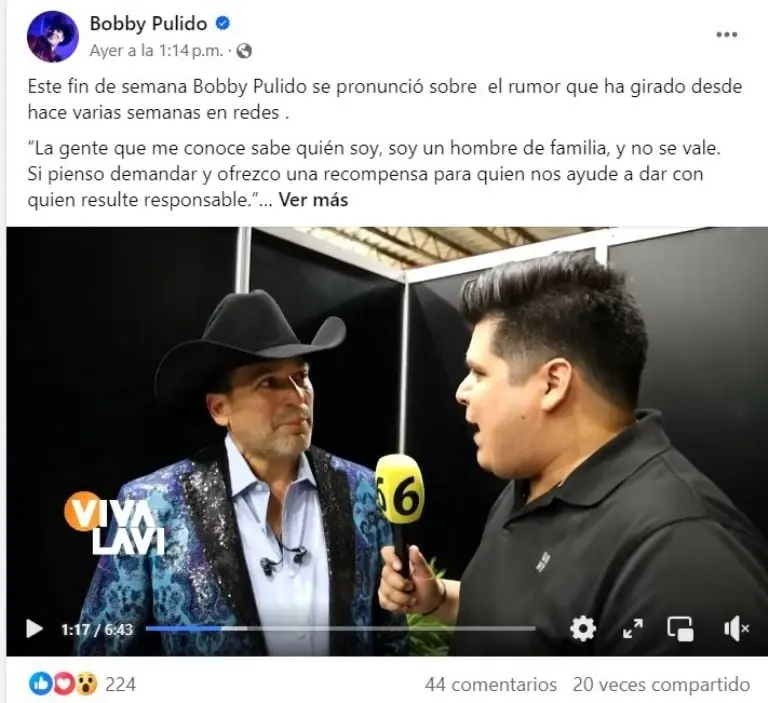 Bobby Pulido ofrece recompensa para dar con quién los difamó (Facebook)