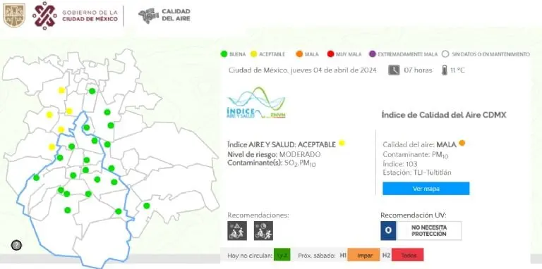 La mañana de este jueves 4 de abril el Índice de Aire y Salud tiene calificación Mala.Foto: Calidad del Aire