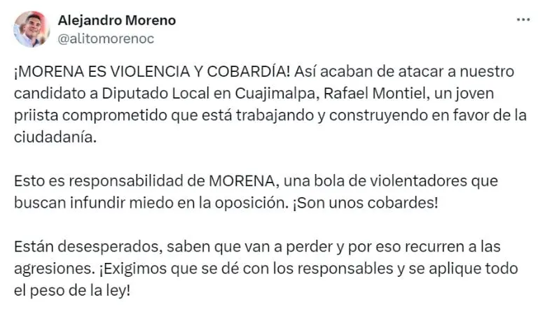 Alito Moreno culpó a Morena del ataque contra el candidato a diputado del PRI Créditos: @alitomorenoc