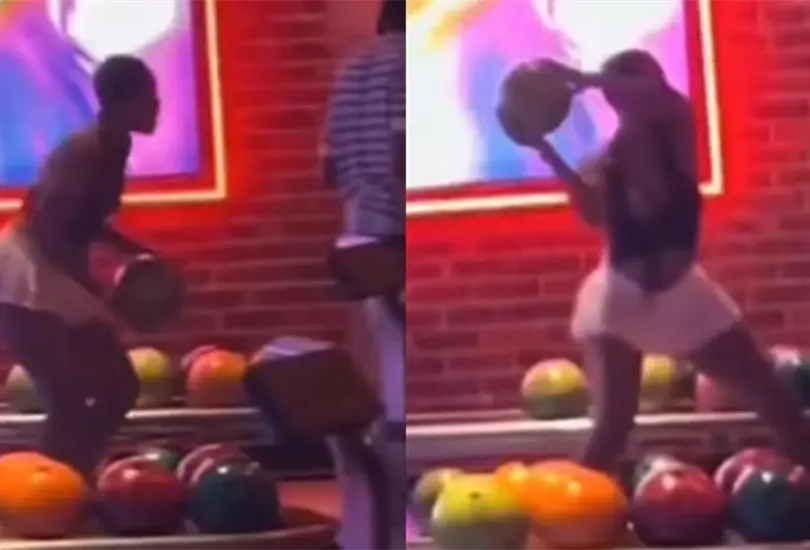 Mujer lanza bola de boliche a la cabeza de otra joven en plena pelea Mujer lanza bola de boliche a la cabeza de otra joven en plena pelea