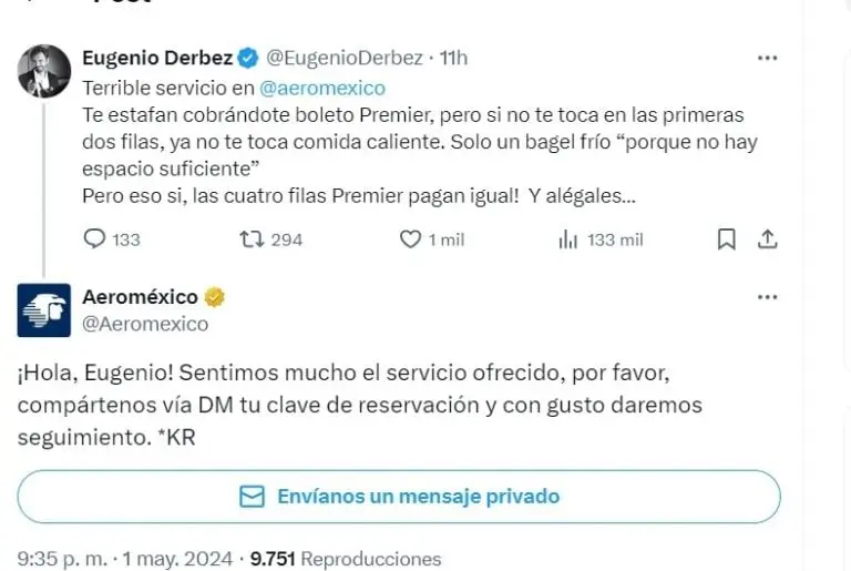 Eugenio Derbez arremete contra aerolínea por darle comida fría; usuarios lo tunden en redes - Especial