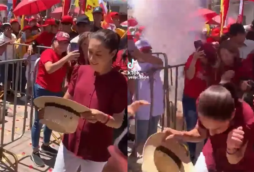 P&aacute;nico en evento de Sheinbaum: explotan caja de pirot&eacute;cnica y la candidata sale huyendo