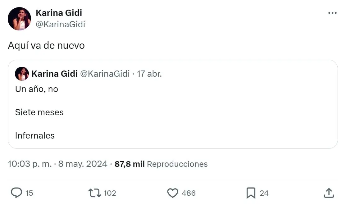 'Un año, no. Siete meses. Infernales', fue el mensaje que publicó Gidi, desmintiendo que hayan estado casados un año.