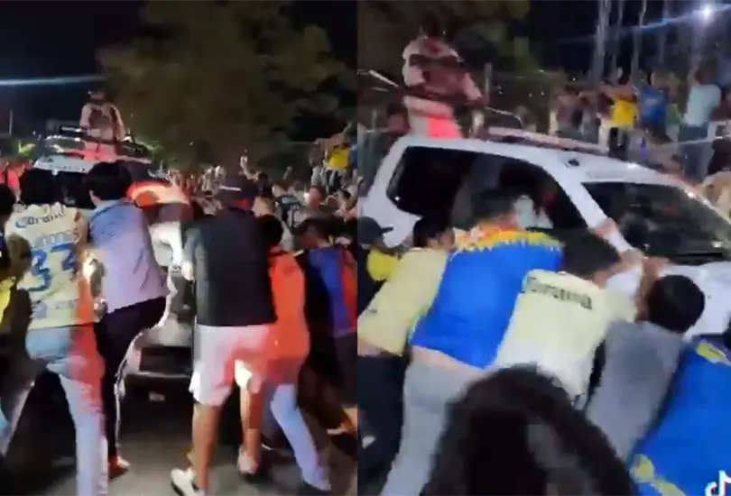 Aficionados del Am&eacute;rica sacuden patrulla de la Guardia Nacional durante celebraci&oacute;n del bicampeonato