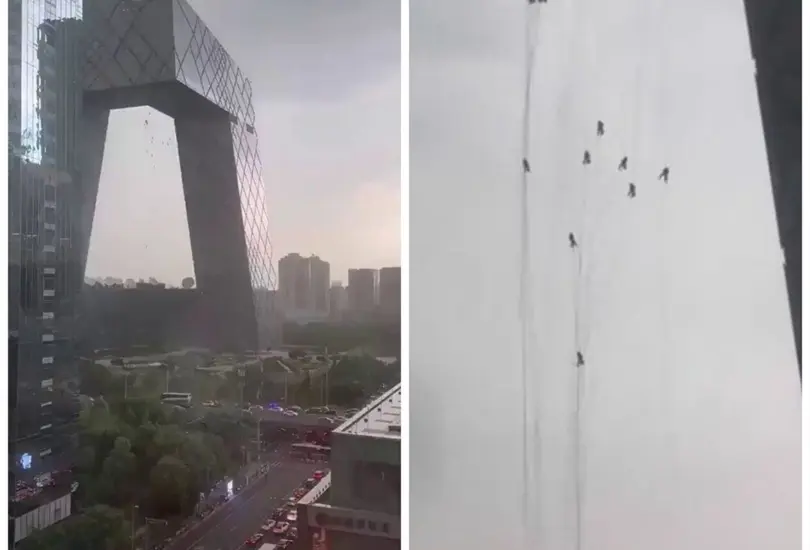 l video del incidente, que rápidamente se volvió viral, muestra a los empleados balanceándose peligrosamente, sostenidos solo por sus arneses de seguridad. l video del incidente, que rápidamente se volvió viral, muestra a los empleados balanceándose peligrosamente, sostenidos solo por sus arneses de seguridad.