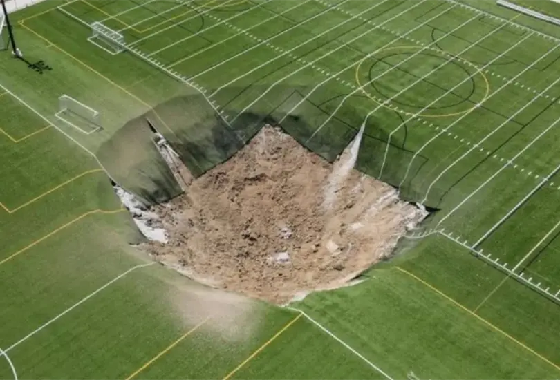 Enorme socav&oacute;n de 30 metros se traga cancha de futbol 