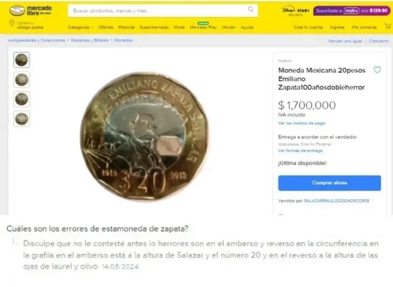 Moneda que se vende en casi 2,000,000 millonesFoto: Mercado Libre