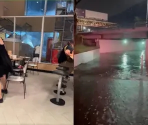 El momento exacto en el tormenta rompe vidrios de sucursal de McDonalds en Monterrey
