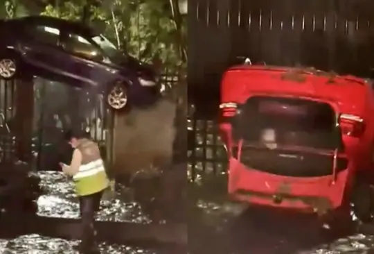 ¿Cómo llegó ahí? Auto queda sobre una puerta tras lluvias en Álvaro Obregón