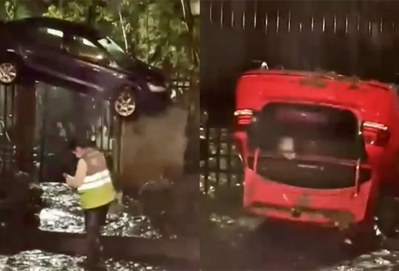 &iquest;C&oacute;mo lleg&oacute; ah&iacute;? Auto queda sobre una puerta tras lluvias en &Aacute;lvaro Obreg&oacute;n