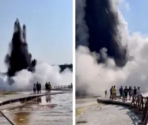 Impresionantes imágenes del momento exacto en que géiser explota en parque de aguas termales en Yellowstone