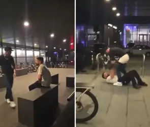 IMÁGENES FUERTES: hombre golpea brutalmente a sujeto que siguió a su novia al baño