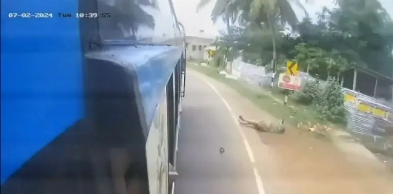 Mujer pisa mal y cae por puerta trasera de autobús en movimiento - Tomada de video